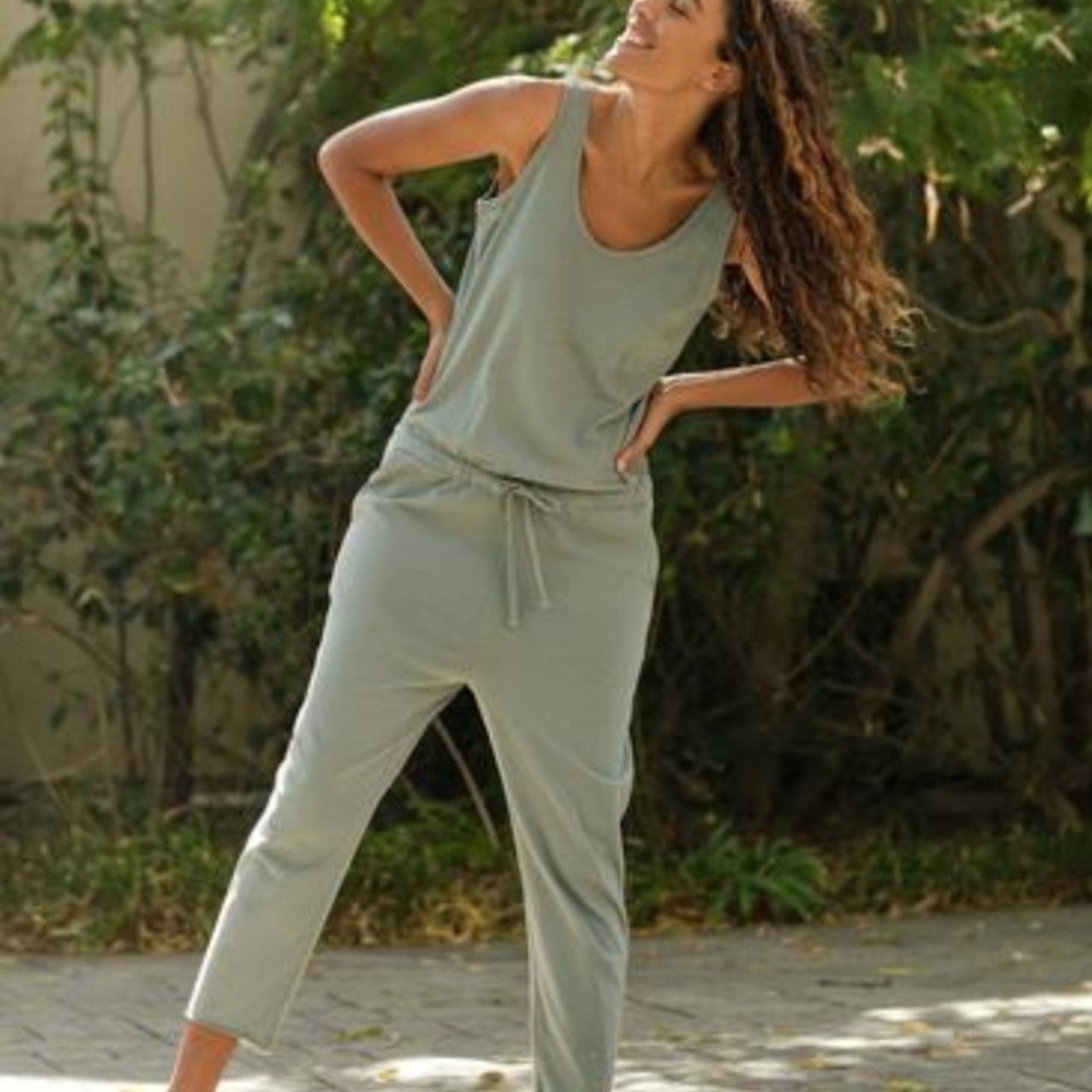 Frank & Eileen Tee Lab Jumpsuit Womens Large Sage Green Cotton Drawstring Waist